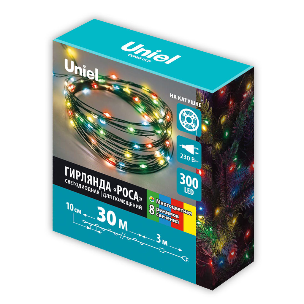 ULD-S3000-300/DGA MULTI IP20 DEW Гирлянда светодиодная "Роса", 30м. 300 светодиодов. Разноцветный свет. Провод зеленый. ТМ Uniel