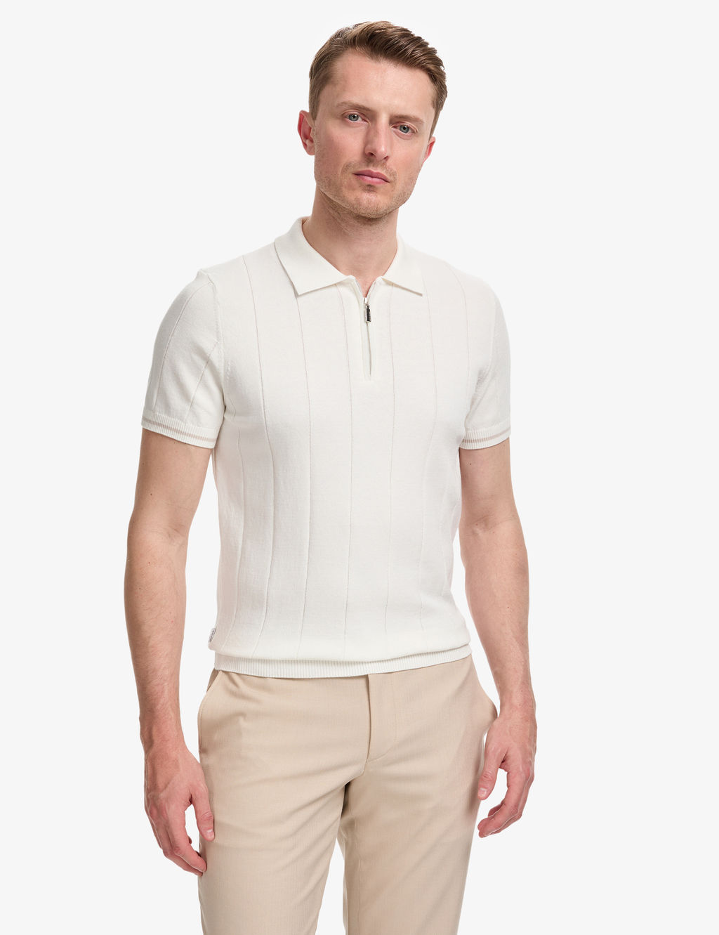 Ekru Slim Fit %100 Pamuk Fermuarl_ Polo Yaka Triko Ti__rt