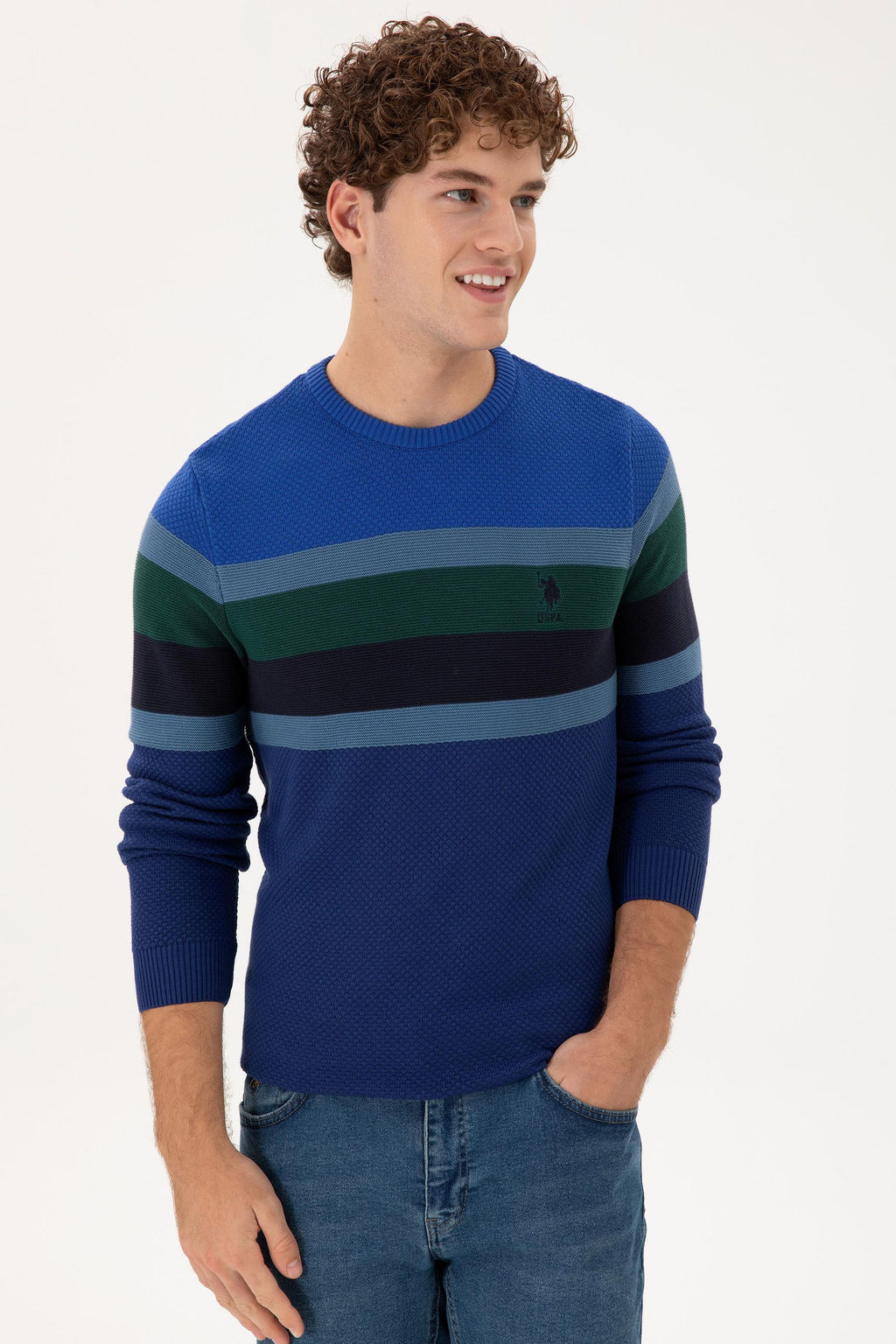Erkek Slim Fit Bisiklet Yaka _ndigo Kazak - U.s. polo assn фото 3