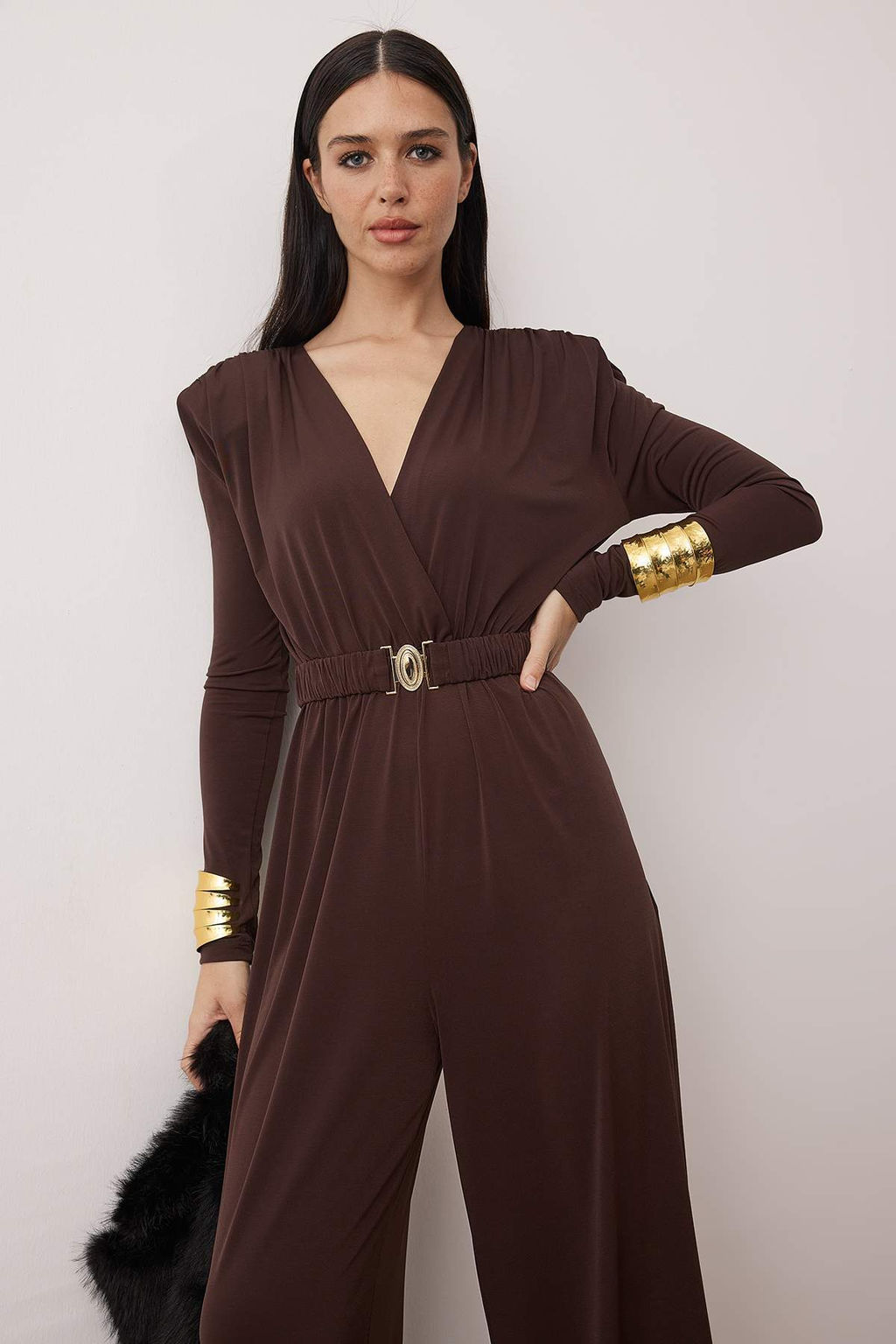 Kahverengi Kruvaze Yaka Kemer Detayl? Vatkal? Orme S?k/Gece Tulum TPRAW26TU00001 - Trendyolmilla фото 2