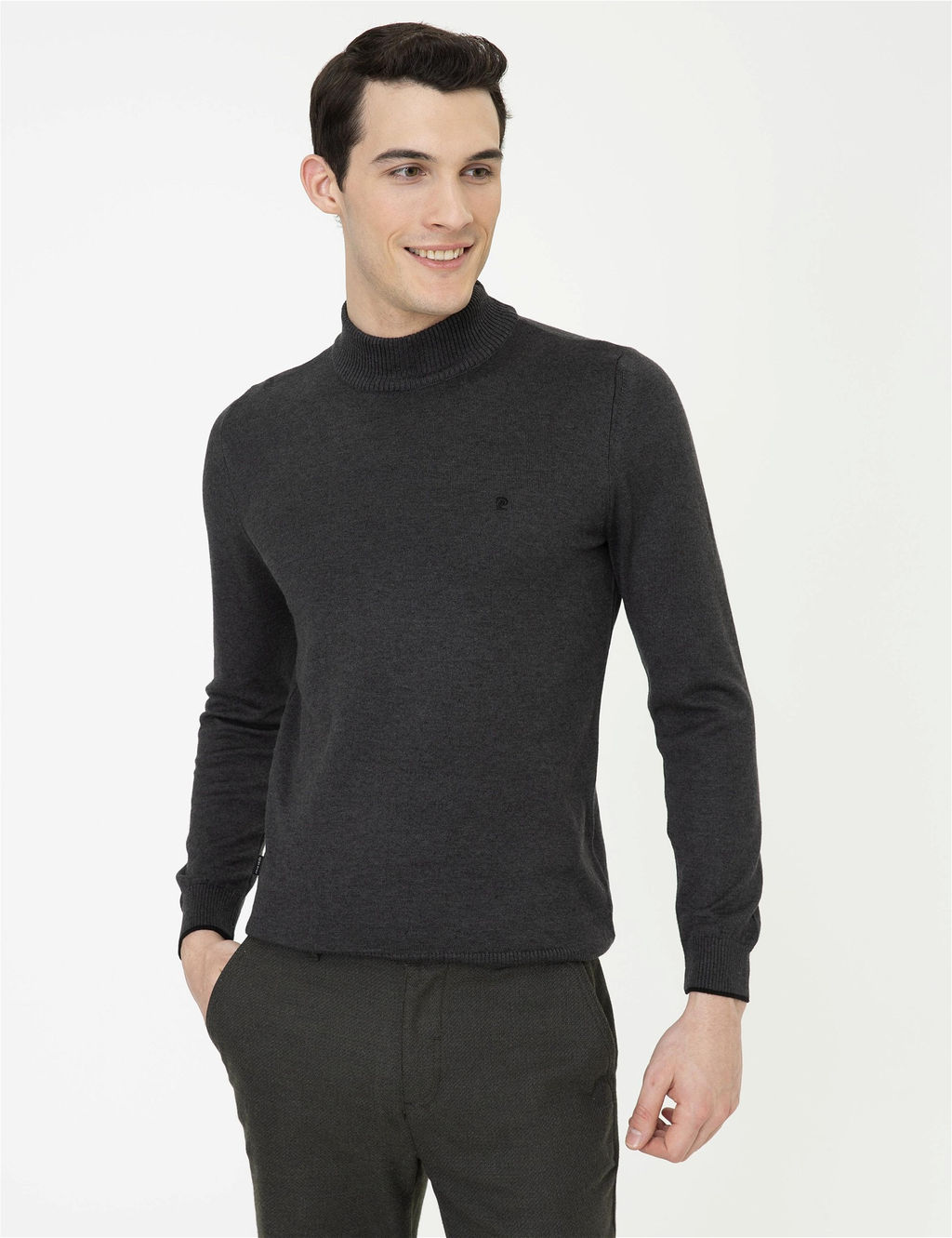 Antrasit Melanj Slim Fit Yar_m Bal_k__ Yaka Basic Triko Kazak - Pierre cardin фото 3