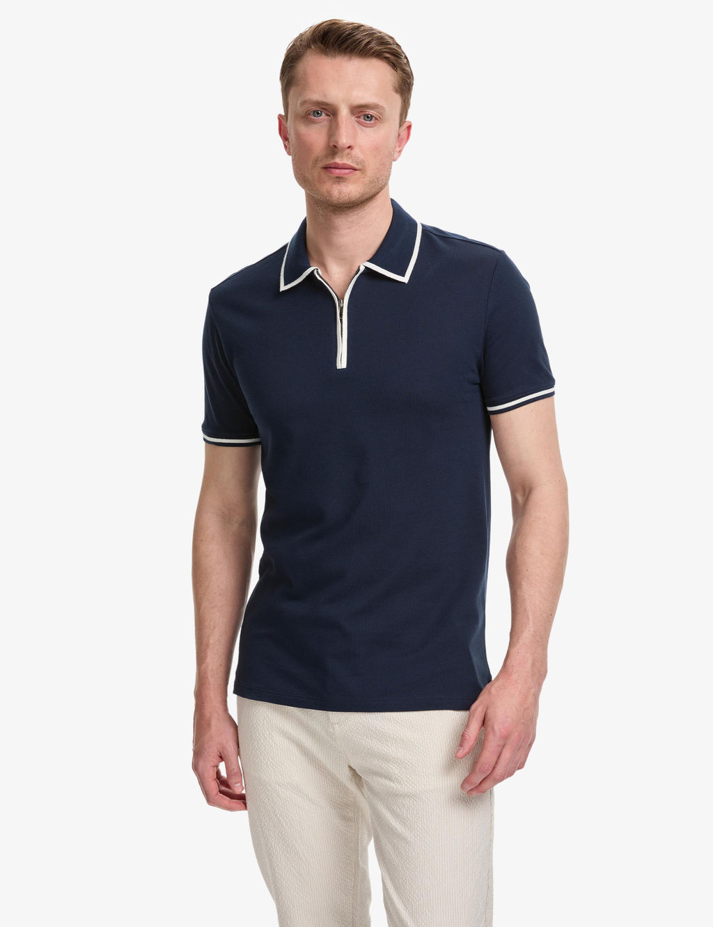 Lacivert Slim Fit %100 Pamuk Fermuarl_ Polo Yaka Ti__rt