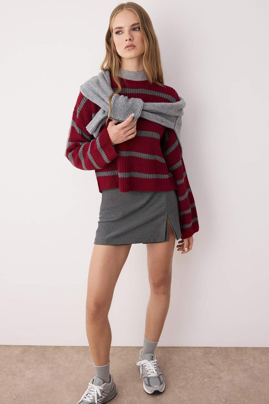 Bordo Crop Basic Genis Kal?p Cizgili Triko Kazak TWOAW23KZ00390
