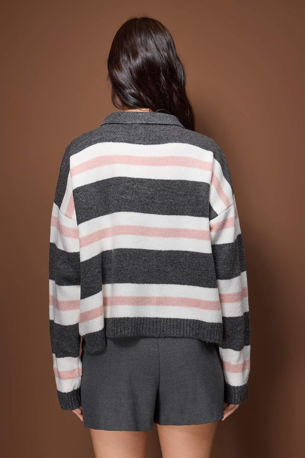 Antrasit Polo Yaka Pembe Cizgili Triko Kazak TWOAW26KZ00286 - Trendyolmilla фото 4