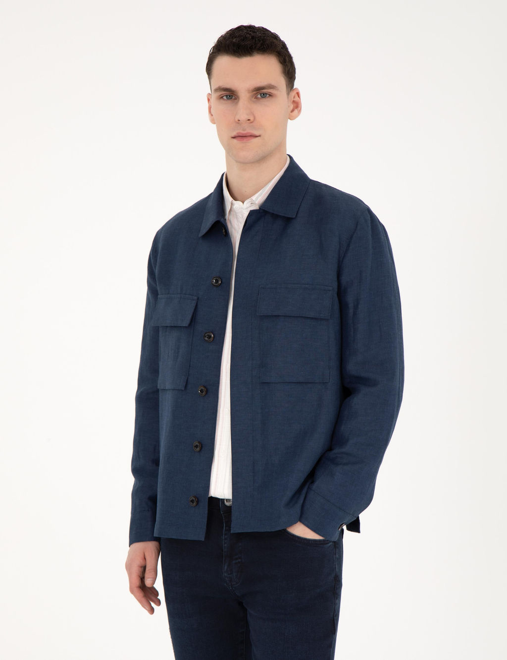 Lacivert Regular Fit Keten Kar___ml_ D__meli Ceket