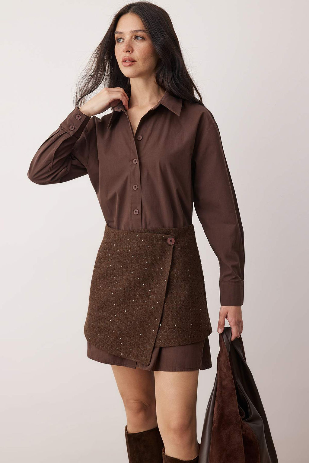 Kahverengi Duz K?sa / Mini Tuvit Etekli Dokuma Gomlek Elbise TWOAW26EL00367 - Trendyolmilla фото 2