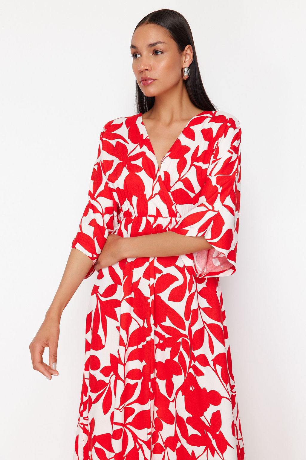 K?rm?z? Sal Desen A Kesim Kruvaze Yaka Midi Dokuma Elbise DWOSS24EL00913