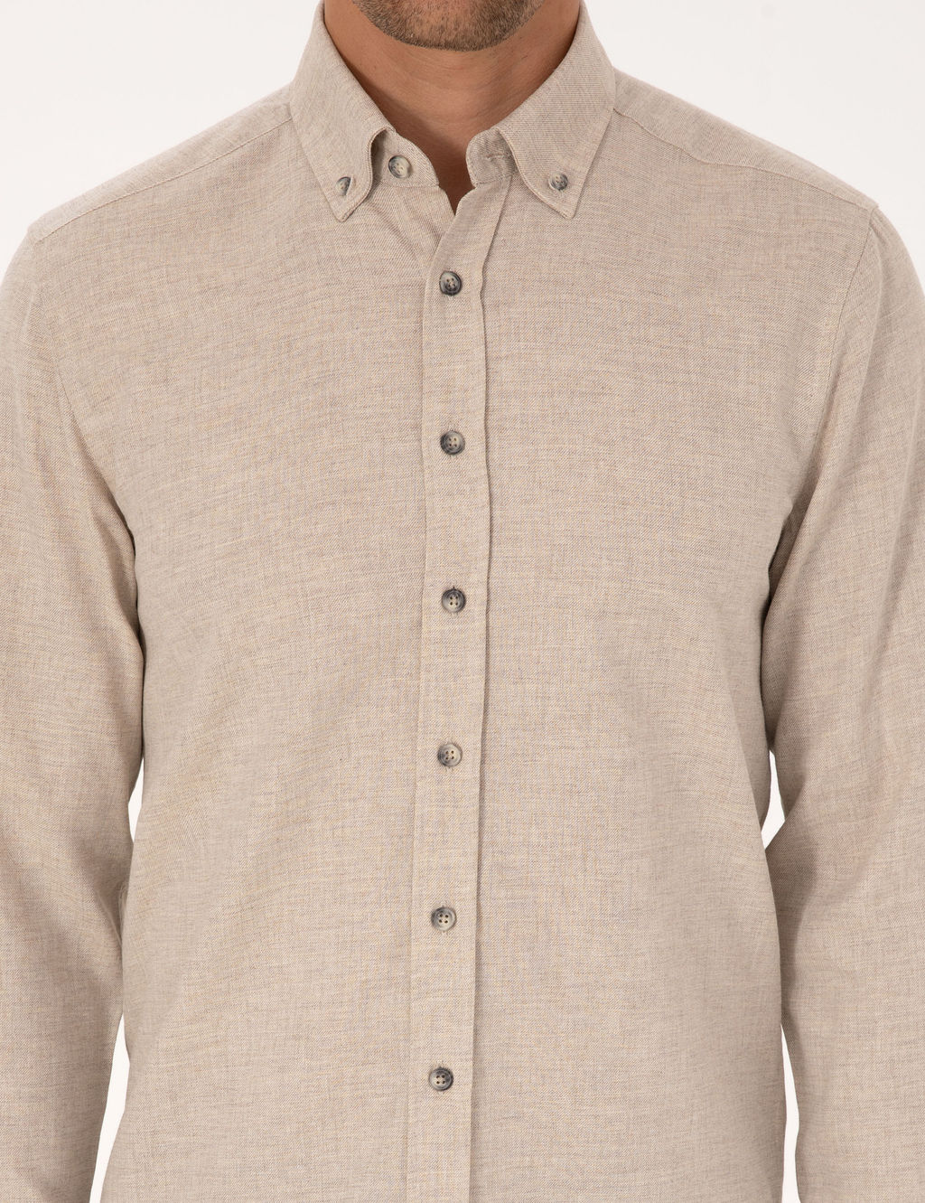 Bej Flanel Dokulu Slim Fit Uzun Kollu G_mlek