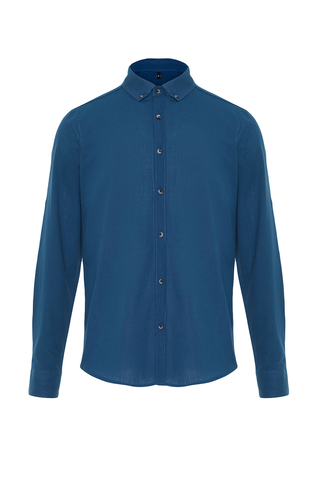 Indigo Dugmeli Yaka Apoletli Slim Fit Uzun Kollu %100 Pamuklu Keten Gorunumlu Gomlek TMNSS20GO0189