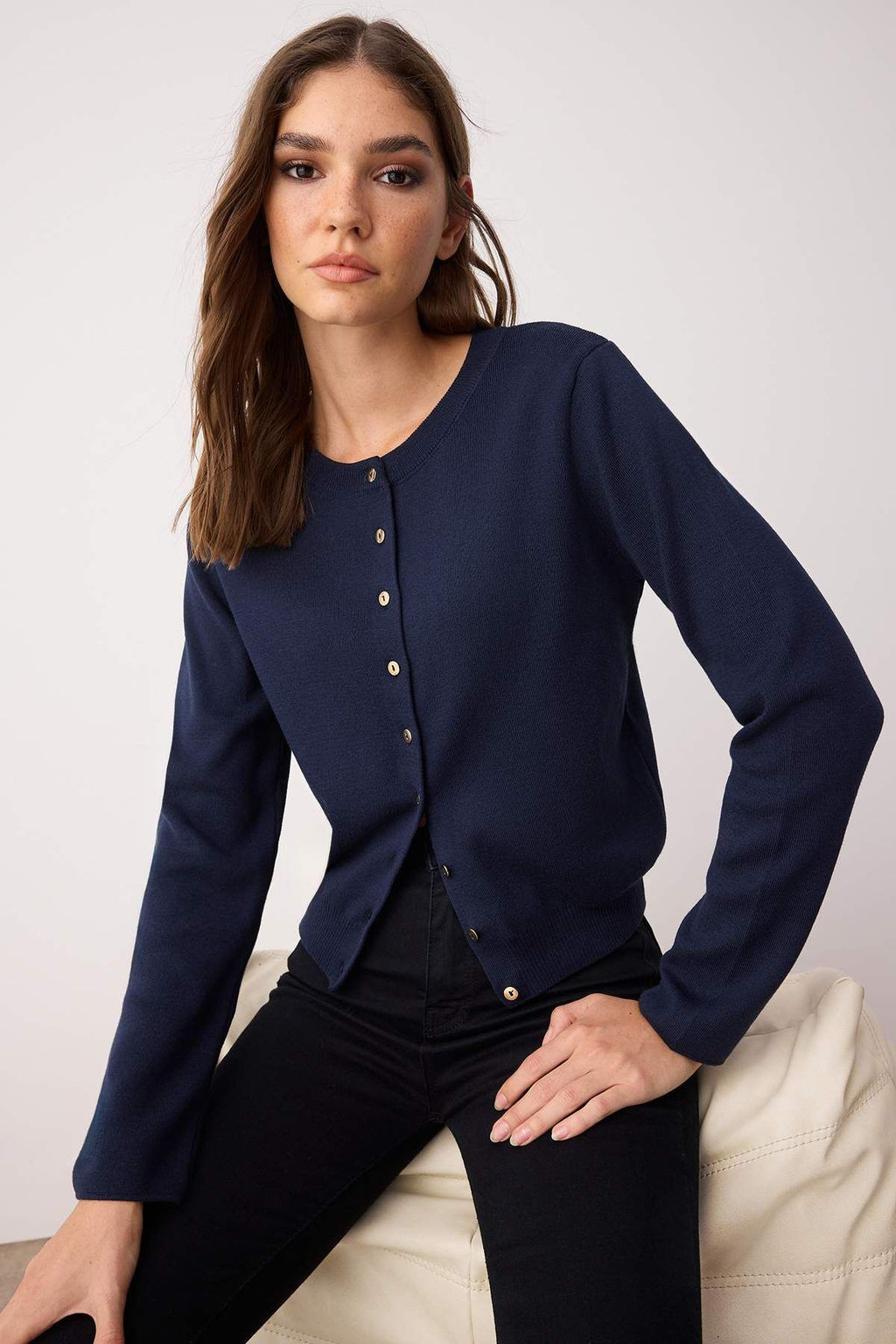 Wardrobe Essentials Lacivert Dugme Detayl? Pamuklu Basic Triko H?rka | TWOAW26HI00001