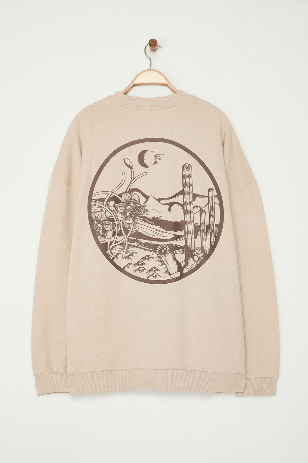 Bej B_y_k Beden Bisiklet Yaka Oversize/Geni_ Kesim S_rt Bask_l_ __i Polar Sweatshirt TMNAW24AO00004