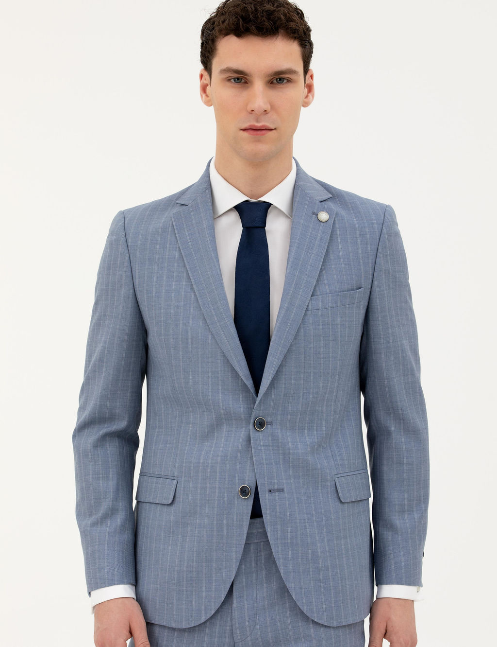 Koyu Mavi Ex. Slim Fit %100 Y_n _izgili Tak_m Elbise