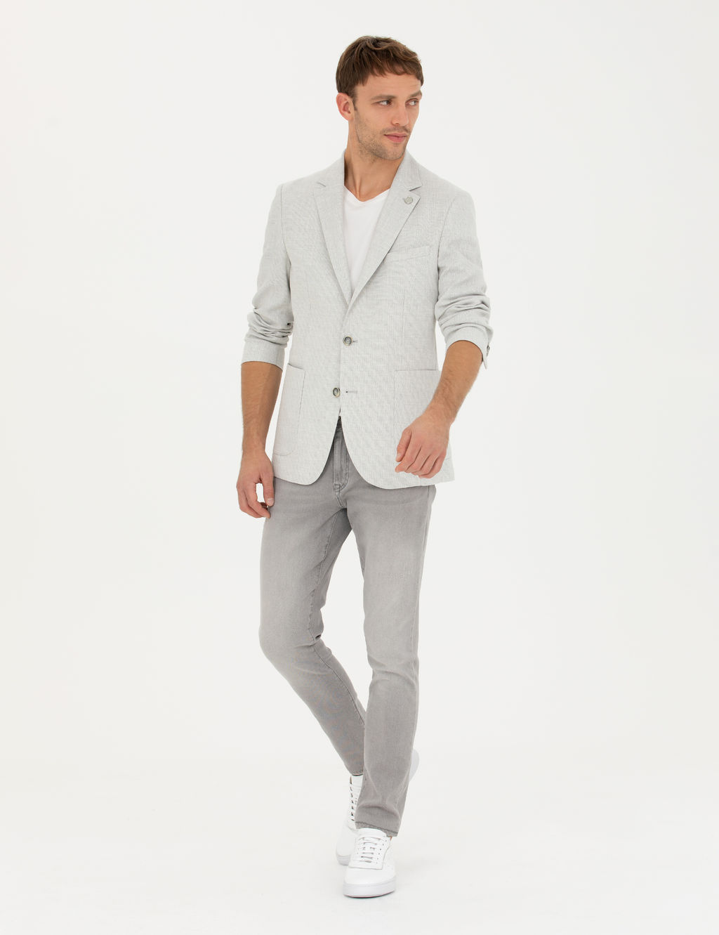 A__k Gri Ex. Slim Fit Keten Kar___ml_ Ceket