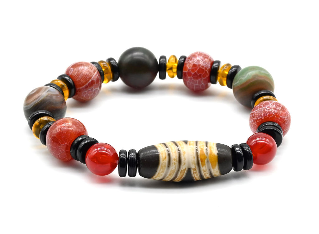 Браслет Дзи бочонок 11*28мм с агатом тонированным матовым шарик 13-14мм