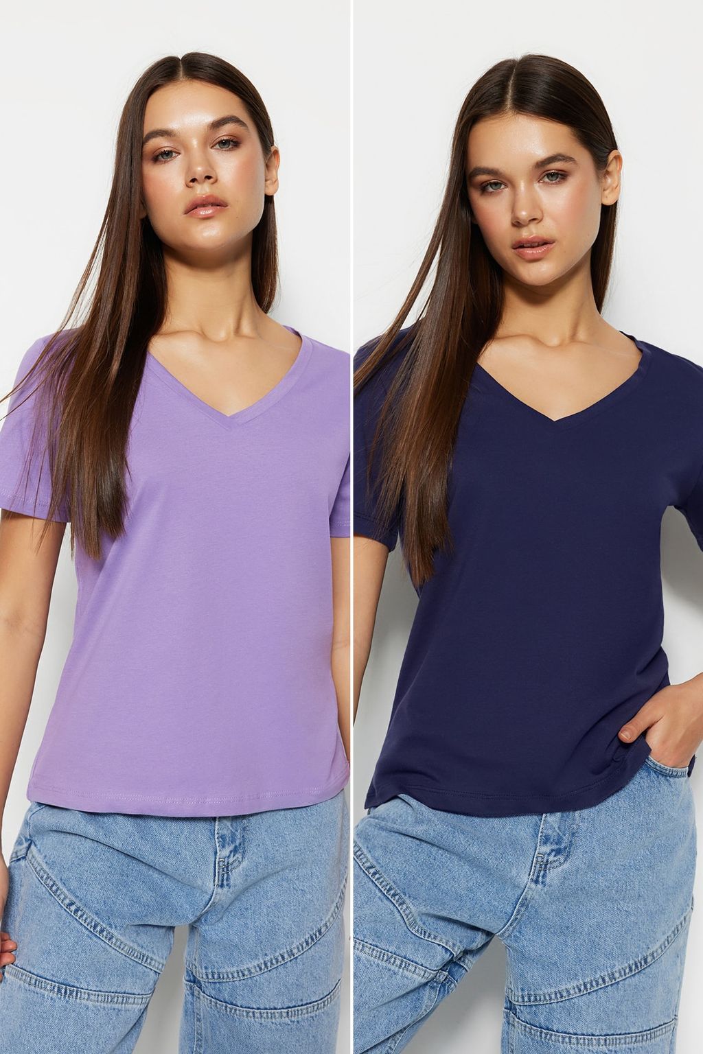 TRENDYOLMILLA Siyah-Beyaz %100 Pamuk 2li Paket Basic V Yaka Orme T-Shirt TWOSS23TS00002 фото 47