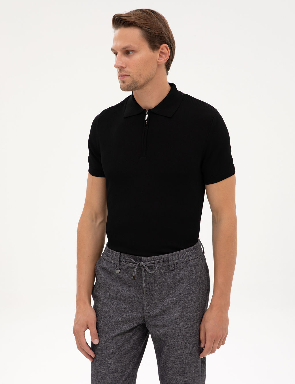 Siyah Slim Fit Fermuarl_ Polo Yaka Triko Kazak