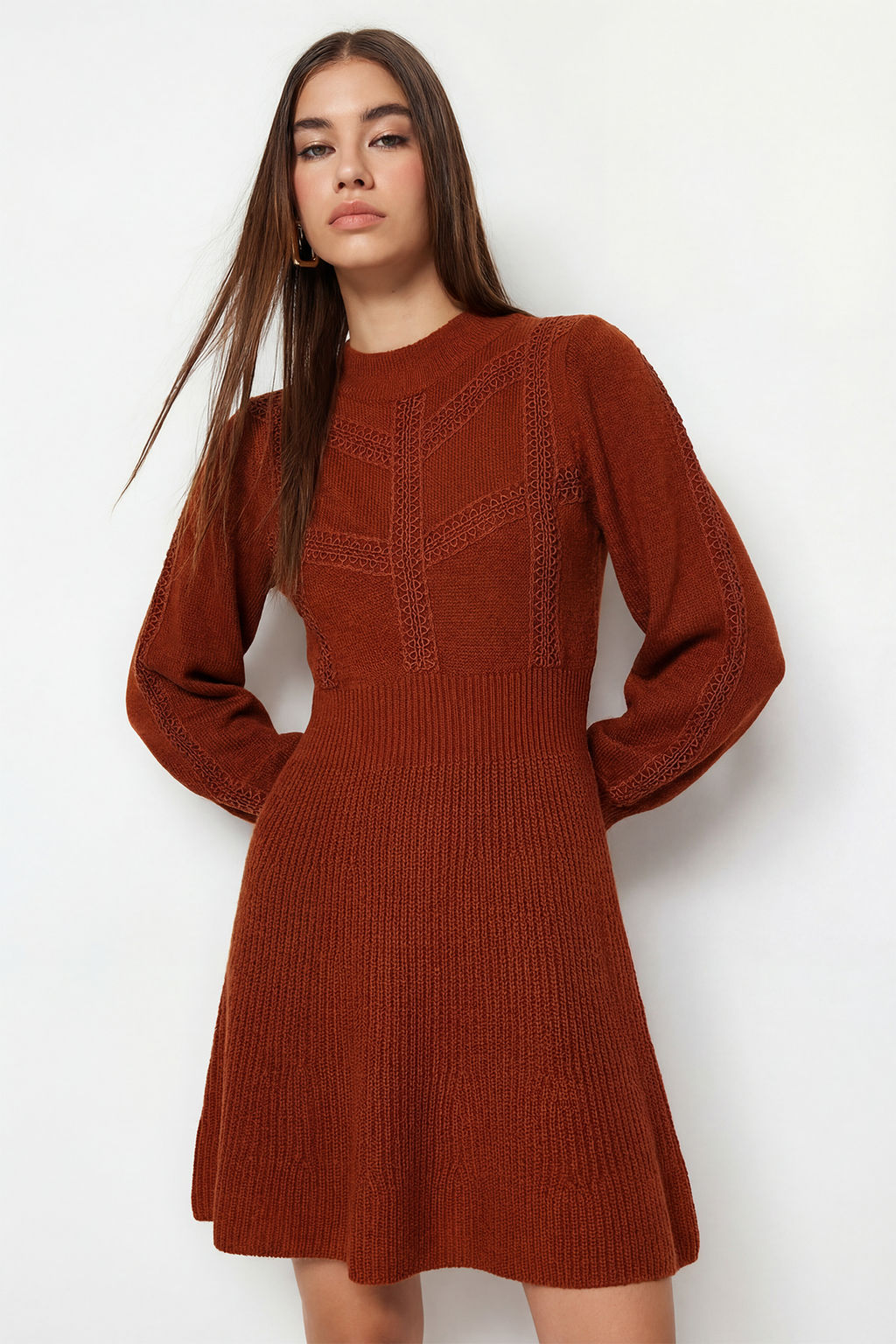 Kiremit Mini Triko Dantelli Elbise TWOAW22EL0011