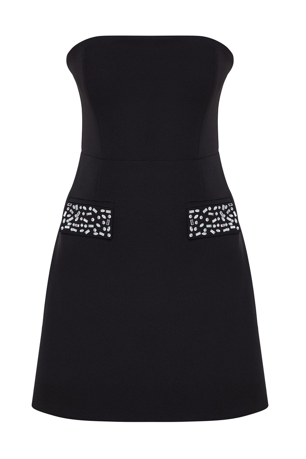 TRENDYOLMILLA Siyah Parlak Tasl? Straplez Dokuma Elbise TPRSS25EL00027