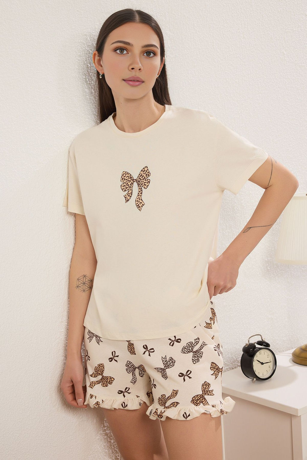 Trendyolmilla Bej 100% Pamuklu Leopar Kurdele/Fiyonklu F?rf?r Detayl? Sortlu Orme Pijama Tak?m? THMSS25PT00347  фото 2