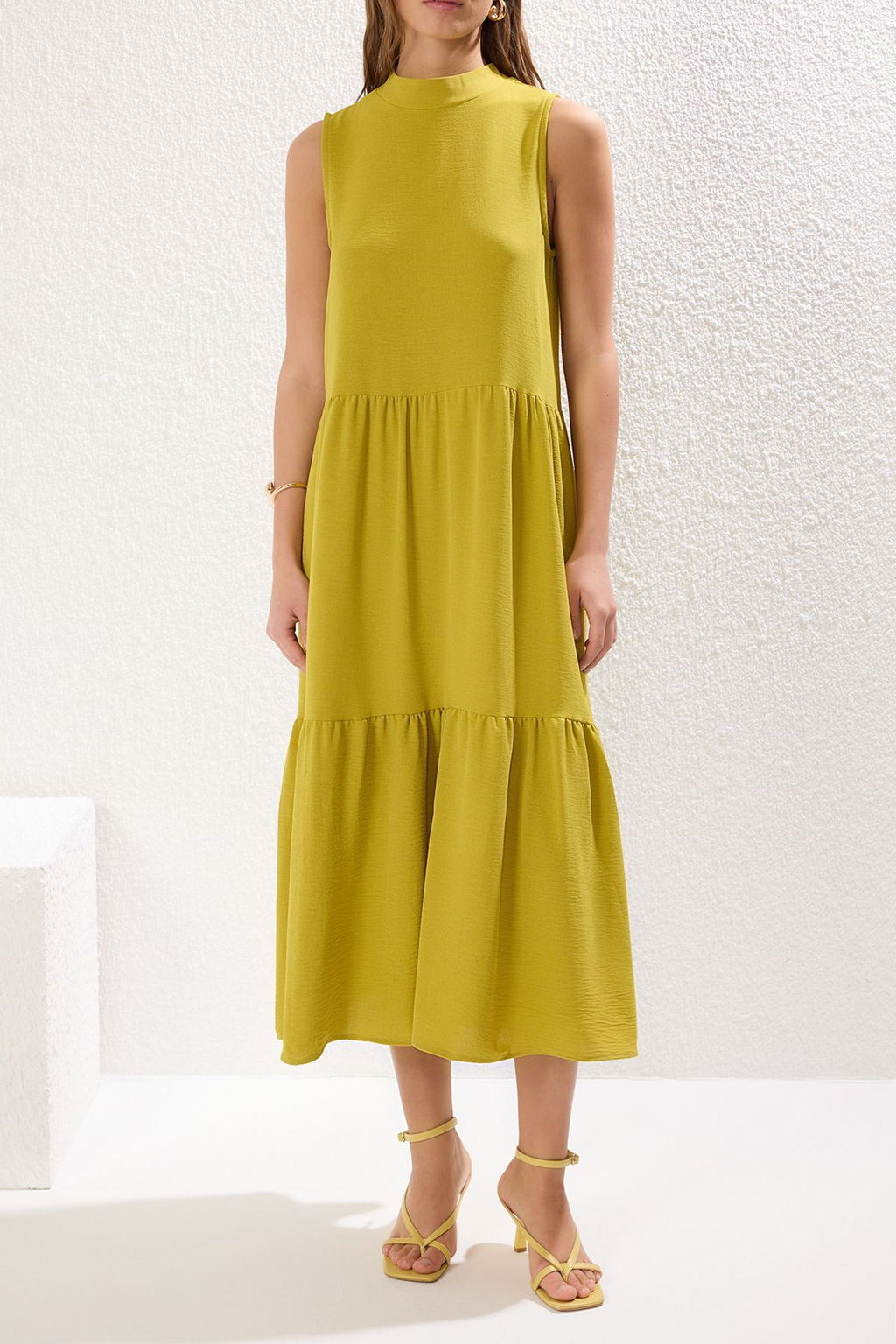 Yag Yesili Shift/Duz Kesim Dik Yaka Midi Dokuma Elbise TWOSS20EL1864