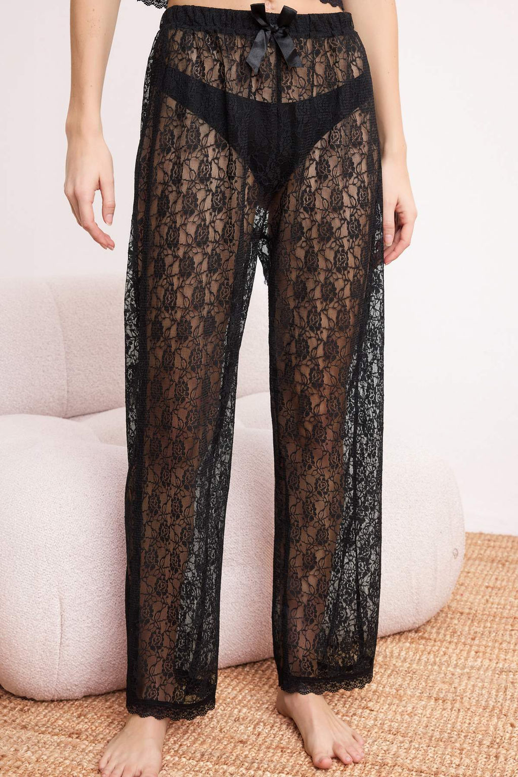 Siyah Atlet Pantolon Transparan Dantel Orme Pijama Tak?m? THMSS26PT00094