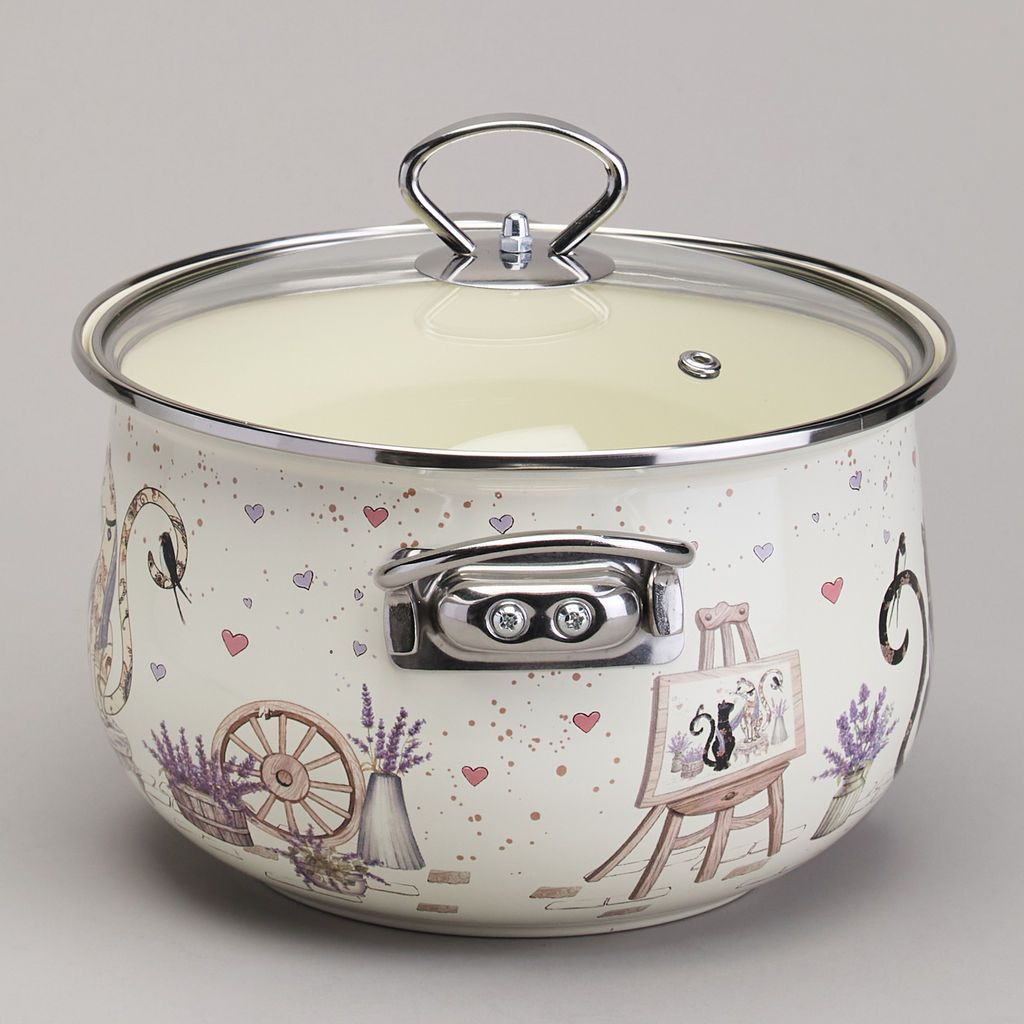 КАСТРЮЛЯ AGNESS ЭМАЛИРОВАННАЯ СО СТЕКЛЯННОЙ КРЫШКОЙ СЕРИЯ LAVANDER CATS, 3,8 Л ДИА. 22СМ фото 5