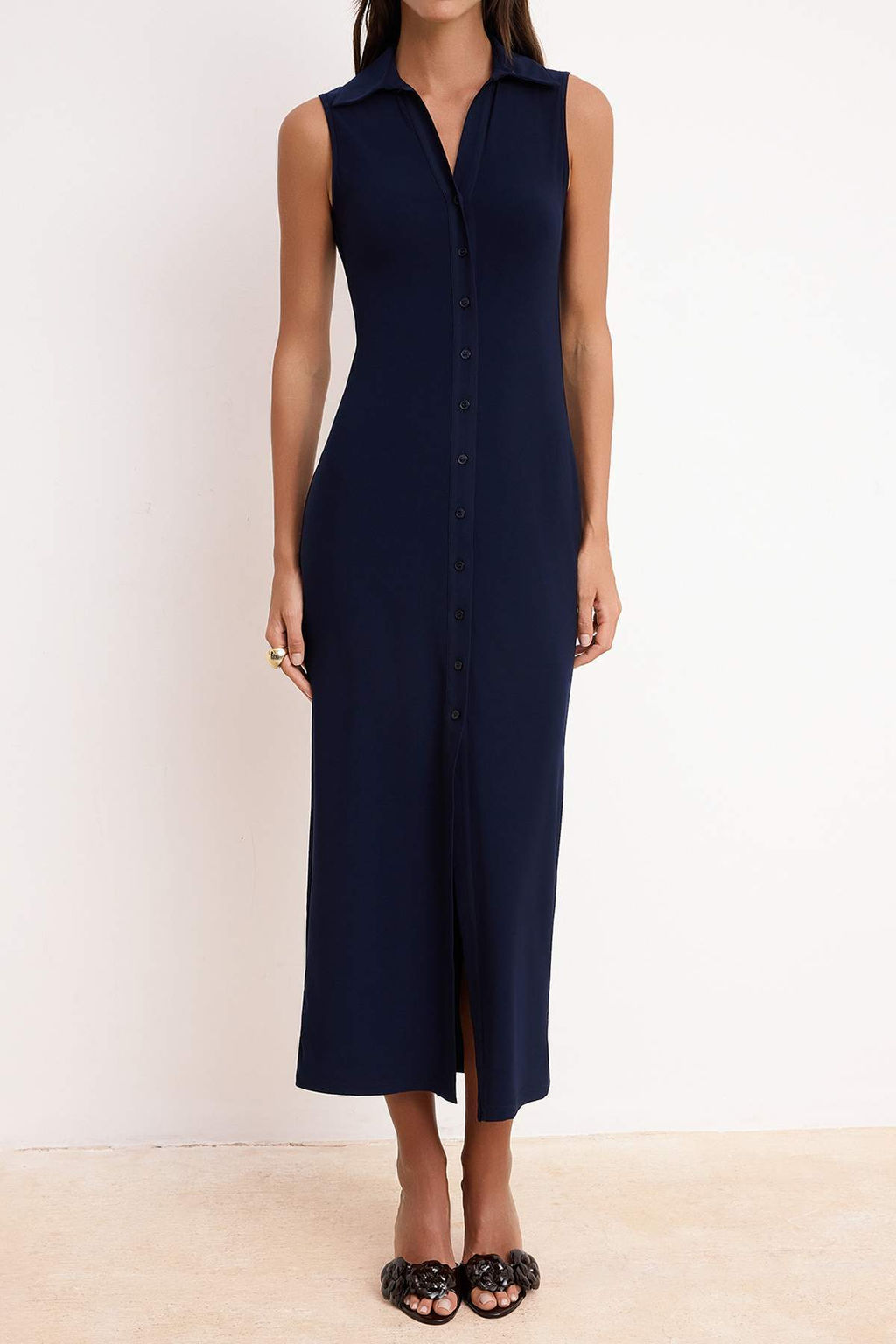 Lacivert Bodycon Gomlek Yaka Dugmeli Kolsuz Maxi Esnek Orme Elbise TWOSS26EL00265 - Trendyolmilla фото 4