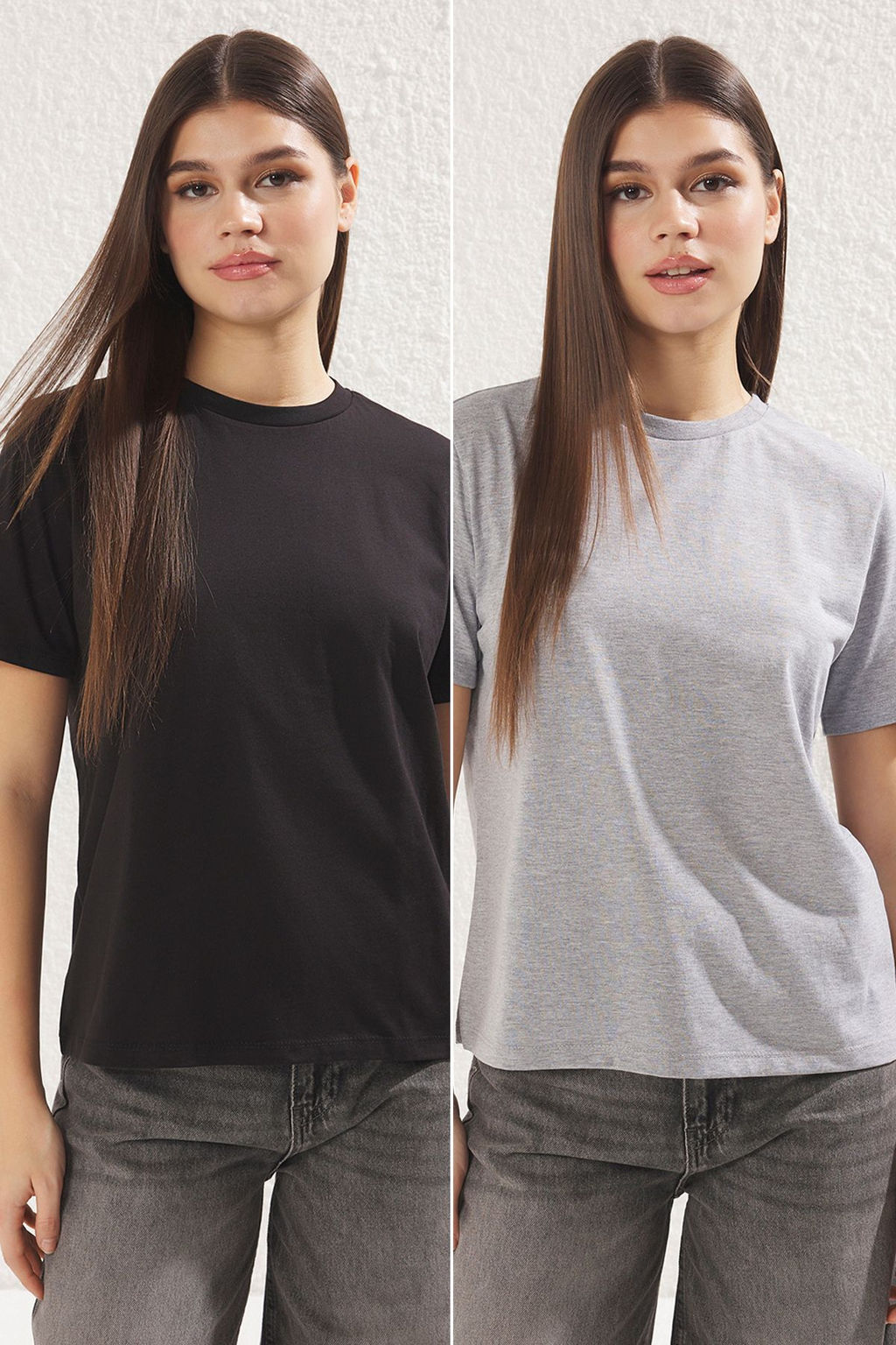 Gri Melanj- Siyah Basic %100 Pamuk Bisiklet Yaka 2li Paket Orme T-Shirt TWOSS20TS0141