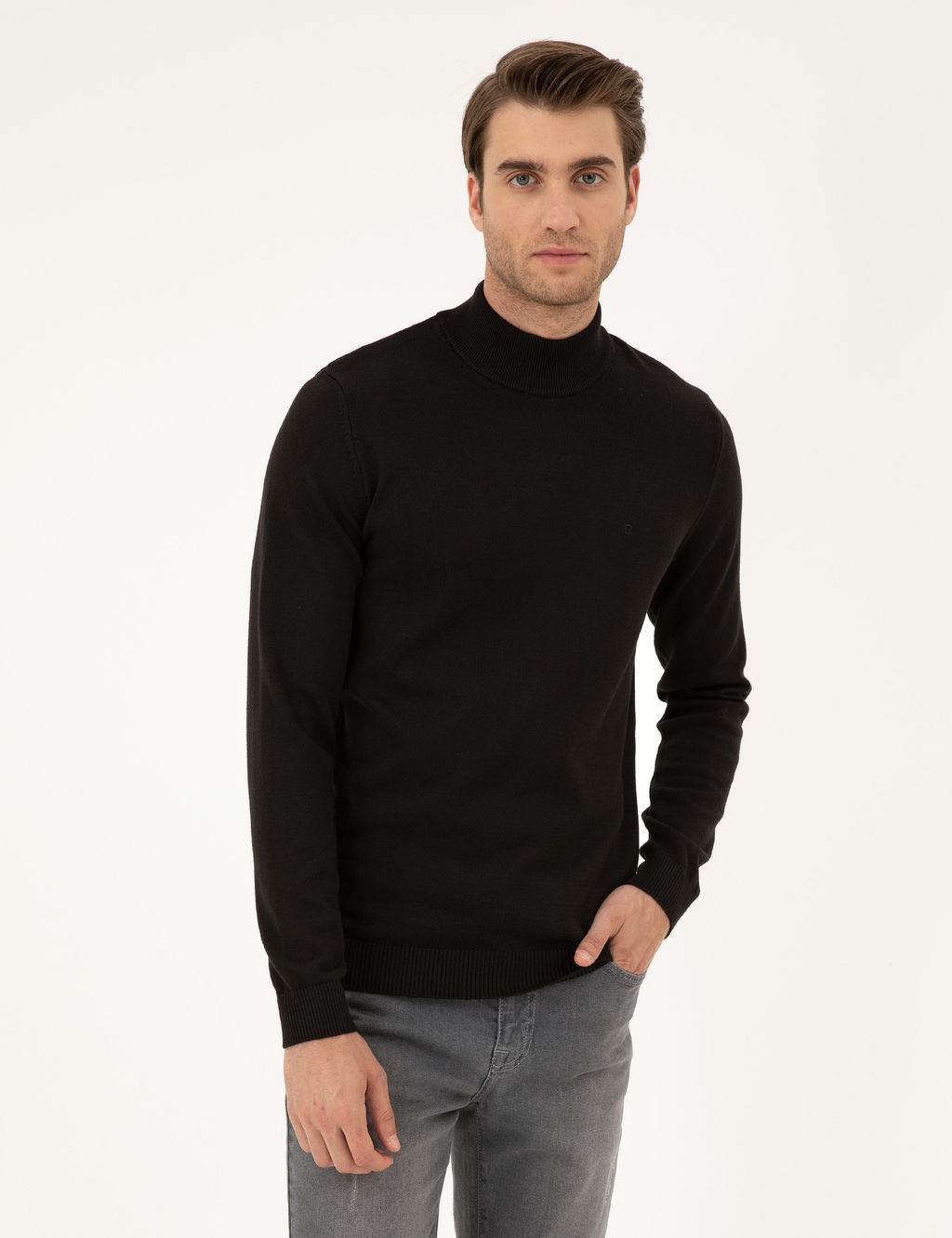 Siyah Slim Fit Yar_m Bal_k__ Yaka Basic Triko Kazak