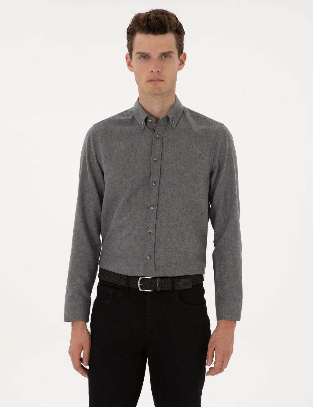 Gri Flanel Dokulu Slim Fit Uzun Kollu G_mlek