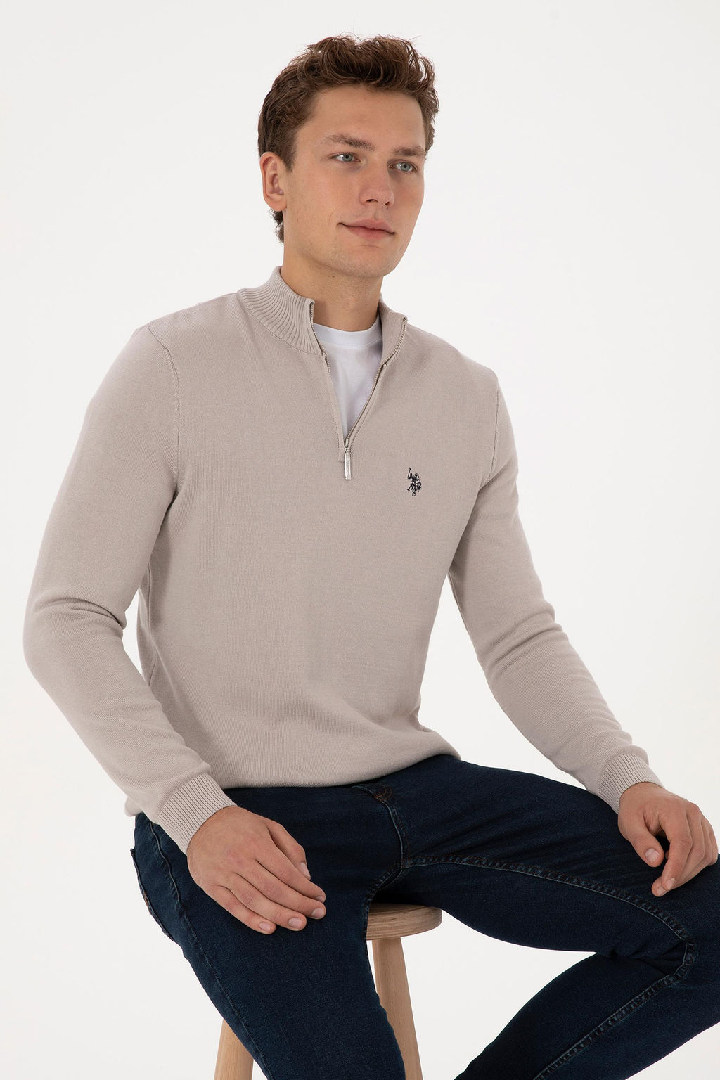 Erkek Slim Fit Yar_m Fermuarl_ Ta_ Basic Kazak