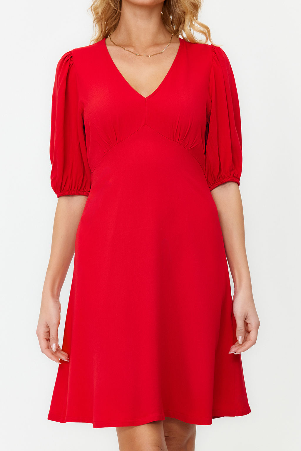 K?rm?z? Etegi Volanl? Balon Kollu Mini Dokuma Elbise TWOSS24EL00062 - Trendyolmilla фото 5