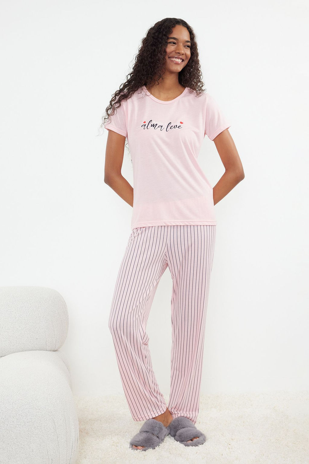 Trendyolmilla Mint Slogan Bask?l? Cizgili Orme Pijama Tak?m? THMSS24PT00251  фото 2