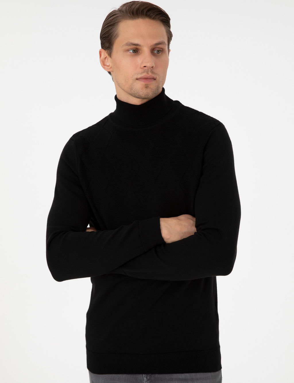 Siyah Slim Fit Yar_m Bal_k__ Yaka Triko Kazak