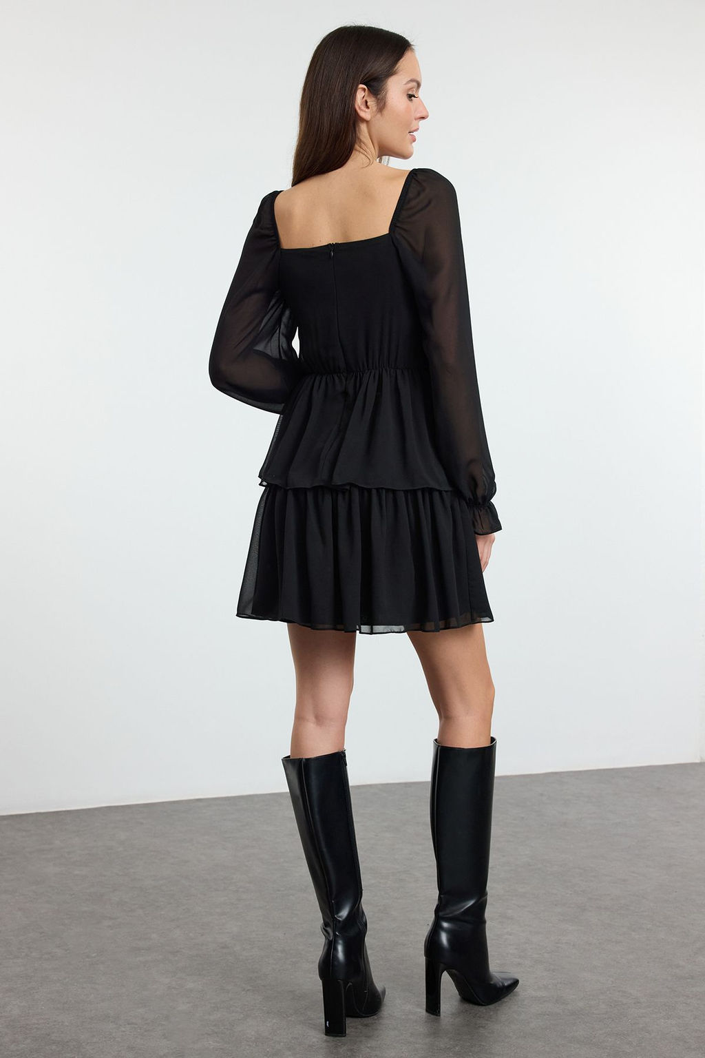 Siyah F?rf?rl? Mini Astarl? Sifon Ucus Ucus Dokuma Elbise TWOAW23EL01455