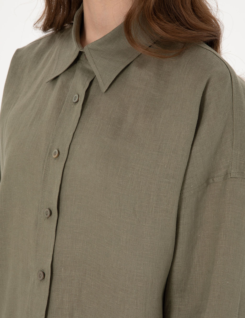 Haki Oversize Uzun Kollu %100 Keten G_mlek