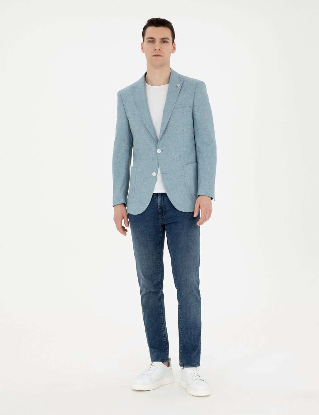 A__k Mavi Ex. Slim Fit Keten Kar___ml_ Ceket