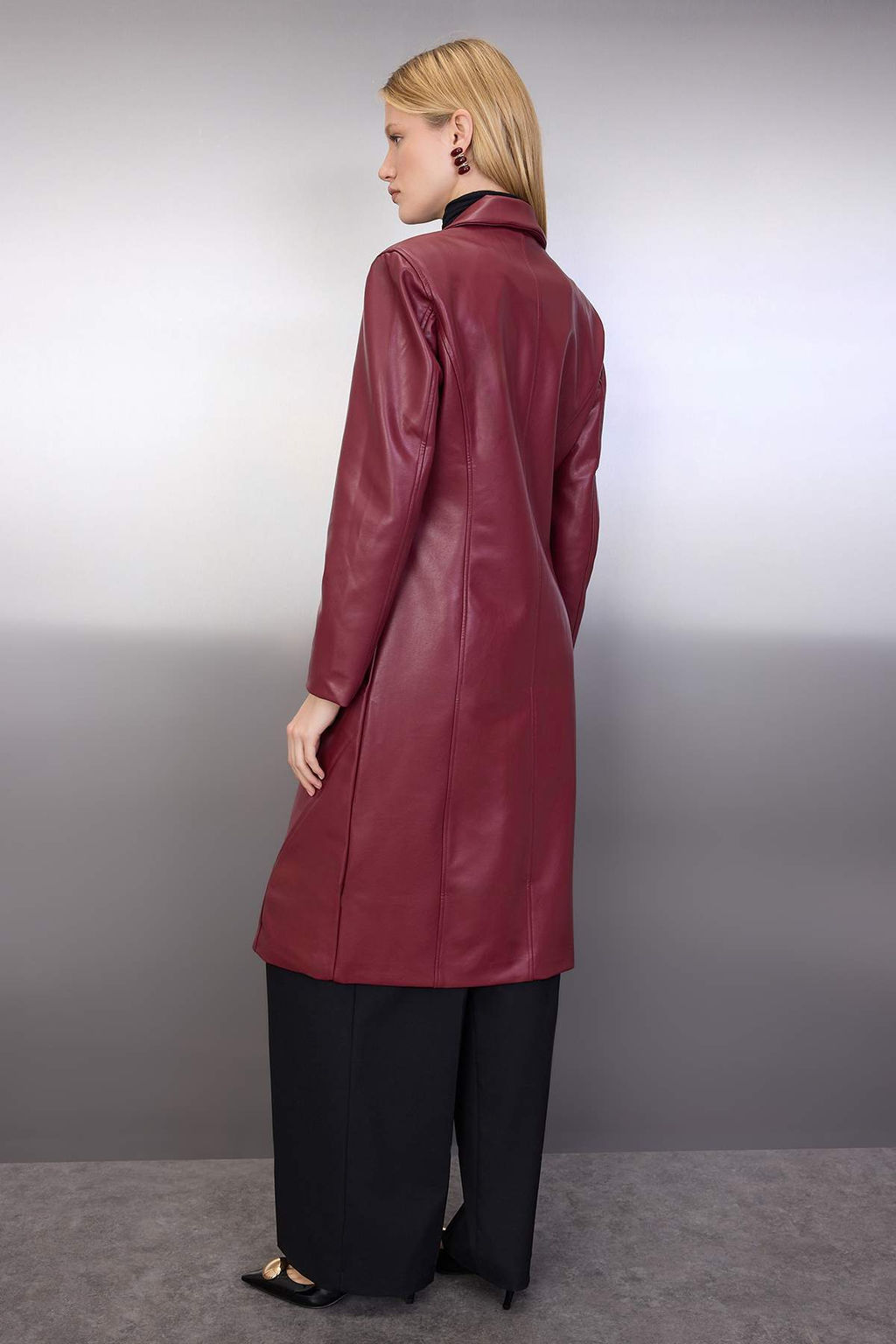Bordo Suni Deri Mono Kapama Regular Uzun Kaban TWOAW26KB00010 - Trendyolmilla фото 7