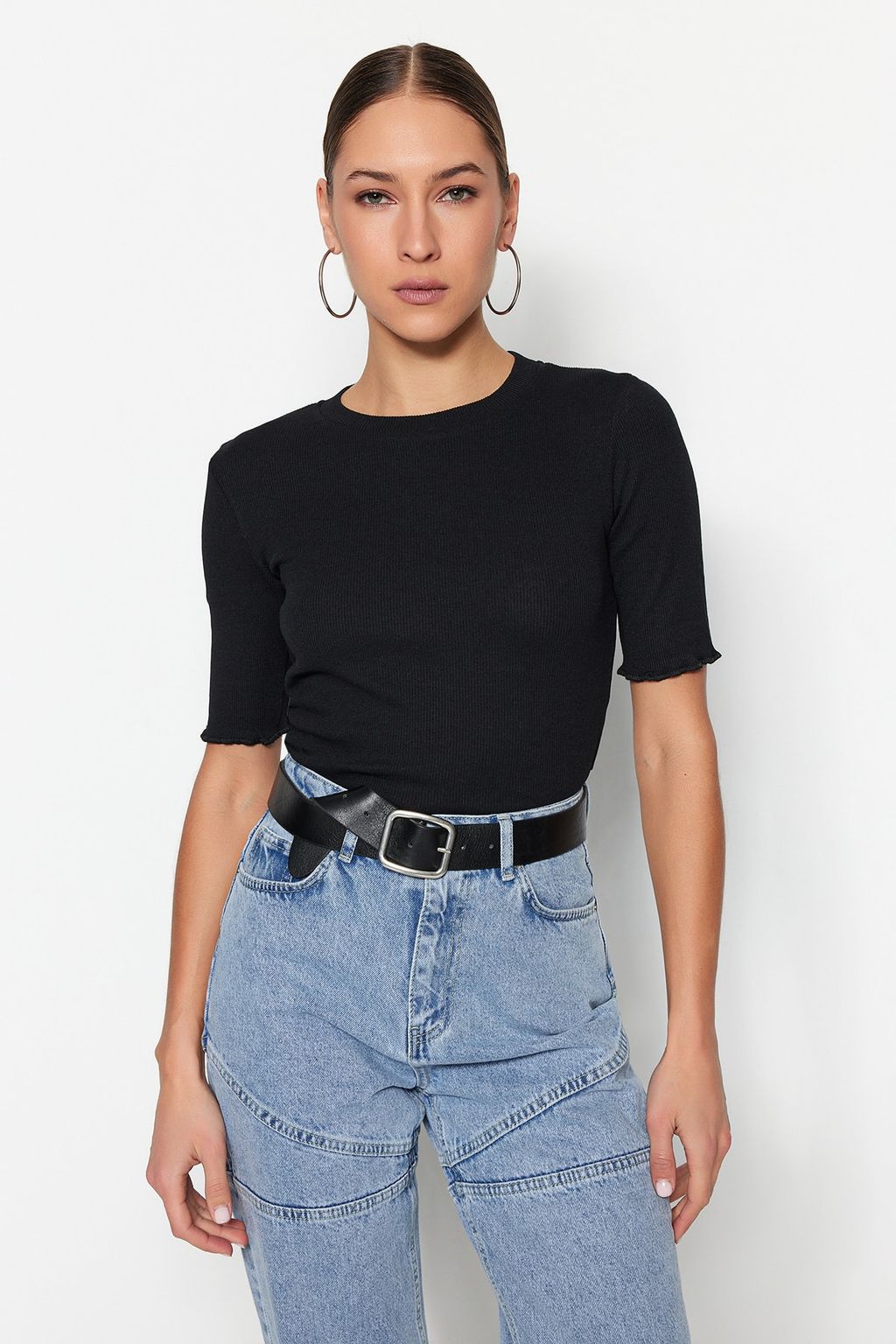 Siyah Fitted/Vucuda Oturan Fitilli Esnek Orme Bluz TWOSS23BZ00025