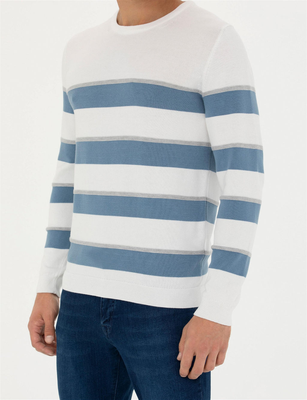 Ekru Slim Fit Bisiklet Yaka Triko Kazak