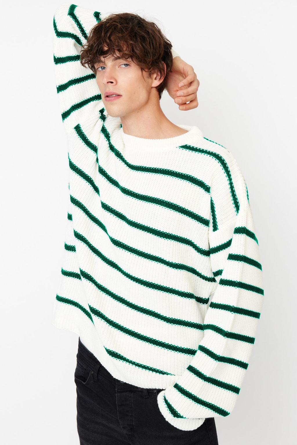 TRENDYOL MAN Vizon Casual Oversize Bisiklet Yaka Cizgili Triko Kazak TMNAW23KZ00285 - Trendyolmilla фото 4