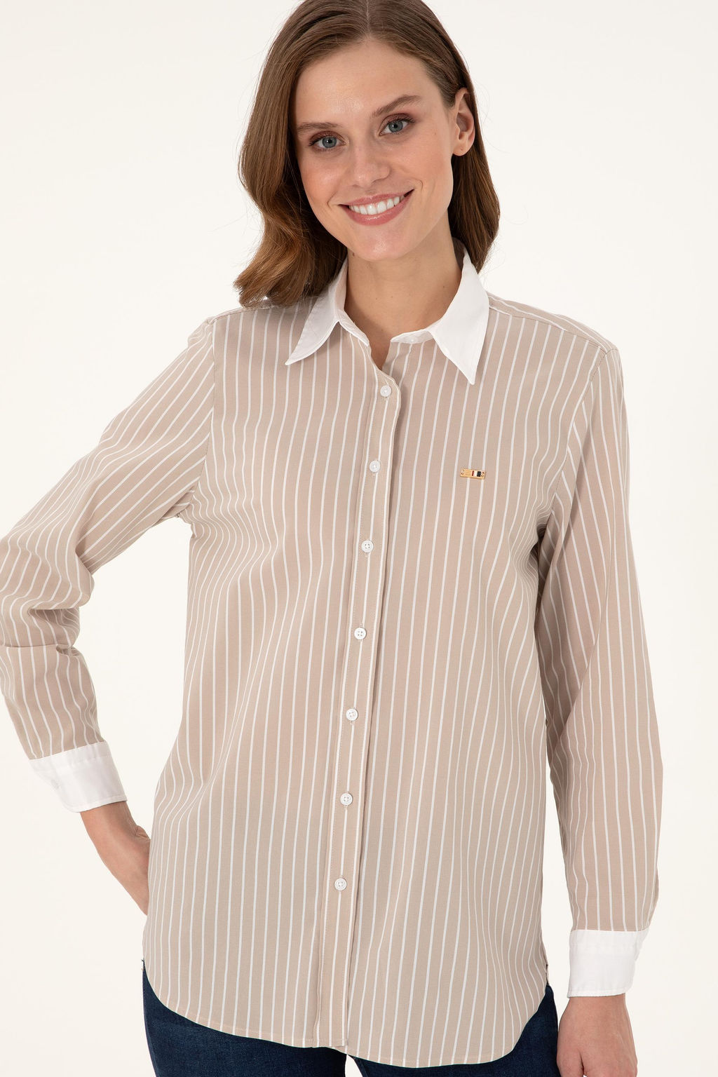 Женская рубашка песочного цвета с длинным рукавом Неожиданная скидка в корзине - U.s. polo assn фото 3