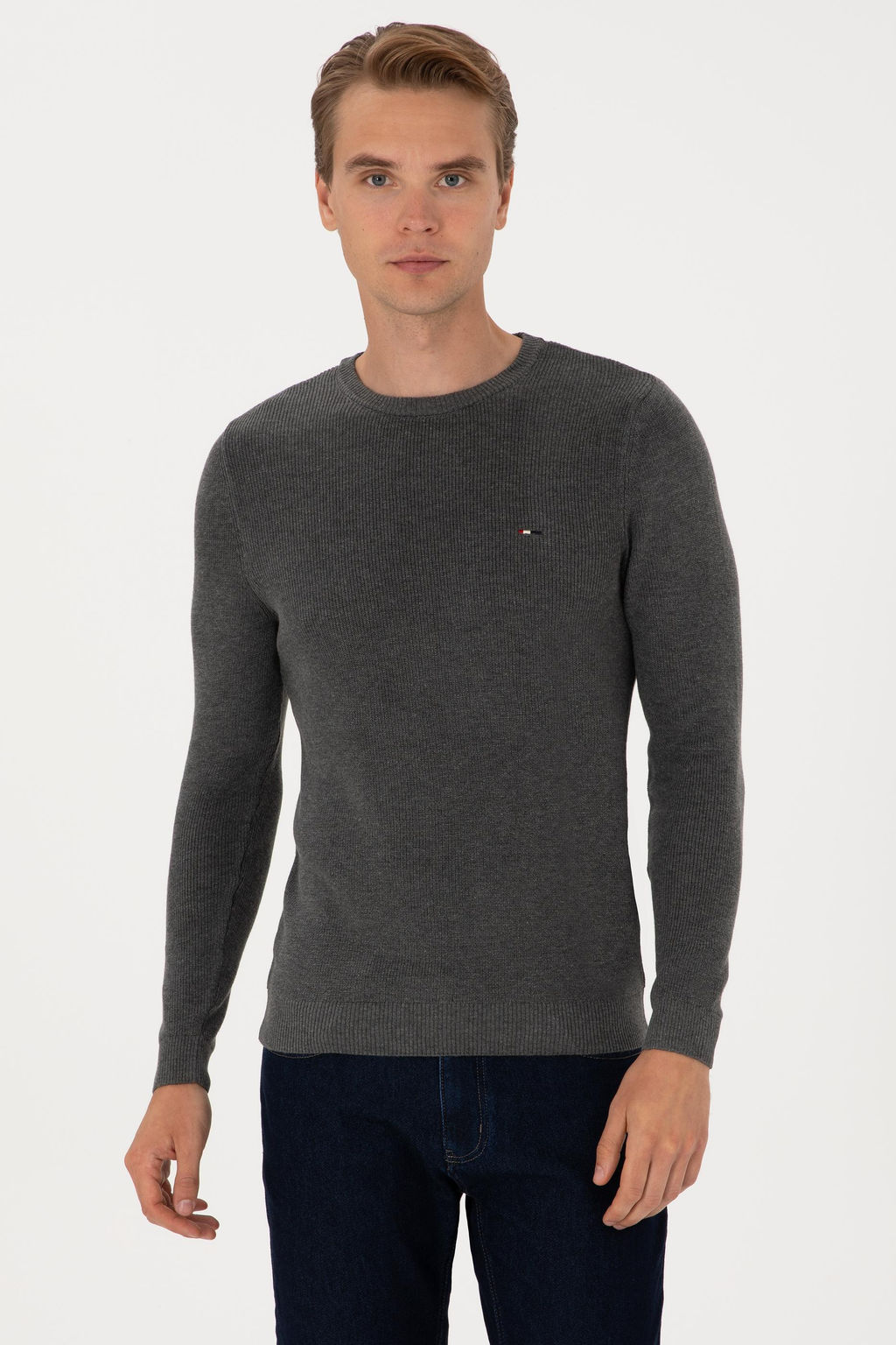 Erkek Slim Fit Bisiklet Yaka Antrasit Melanj Basic Kazak