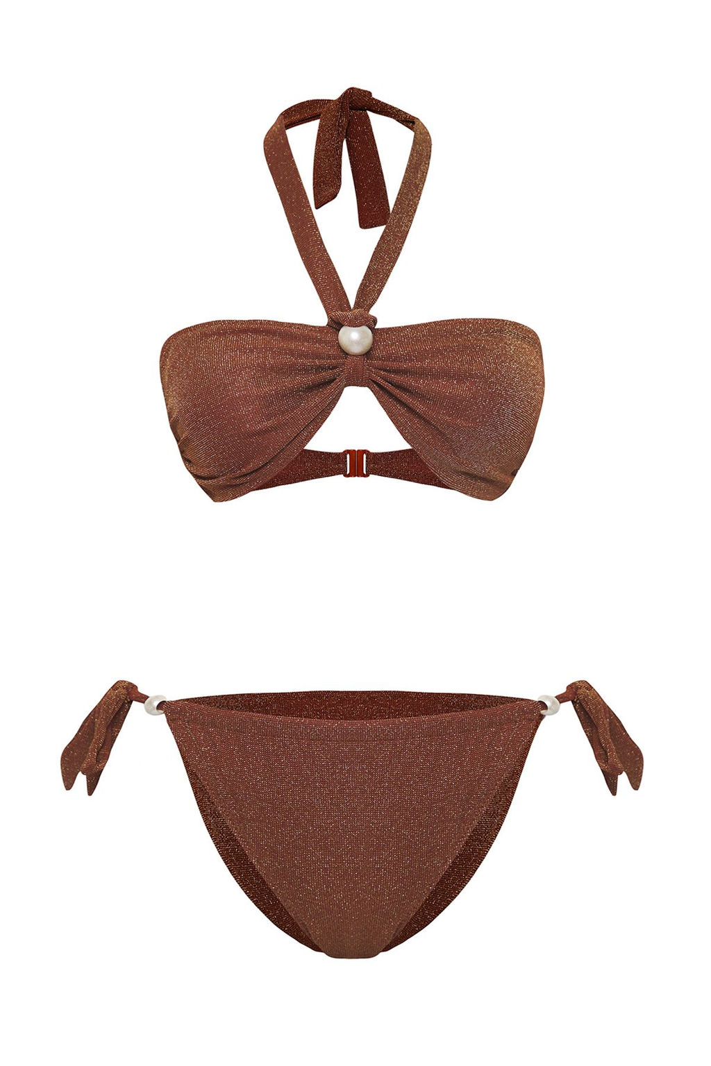 Trendyolmilla Kahverengi Straplez Inci Aksesuarl? Simli Brazilian Bikini Tak?m? TBESS25BT00075  фото 6