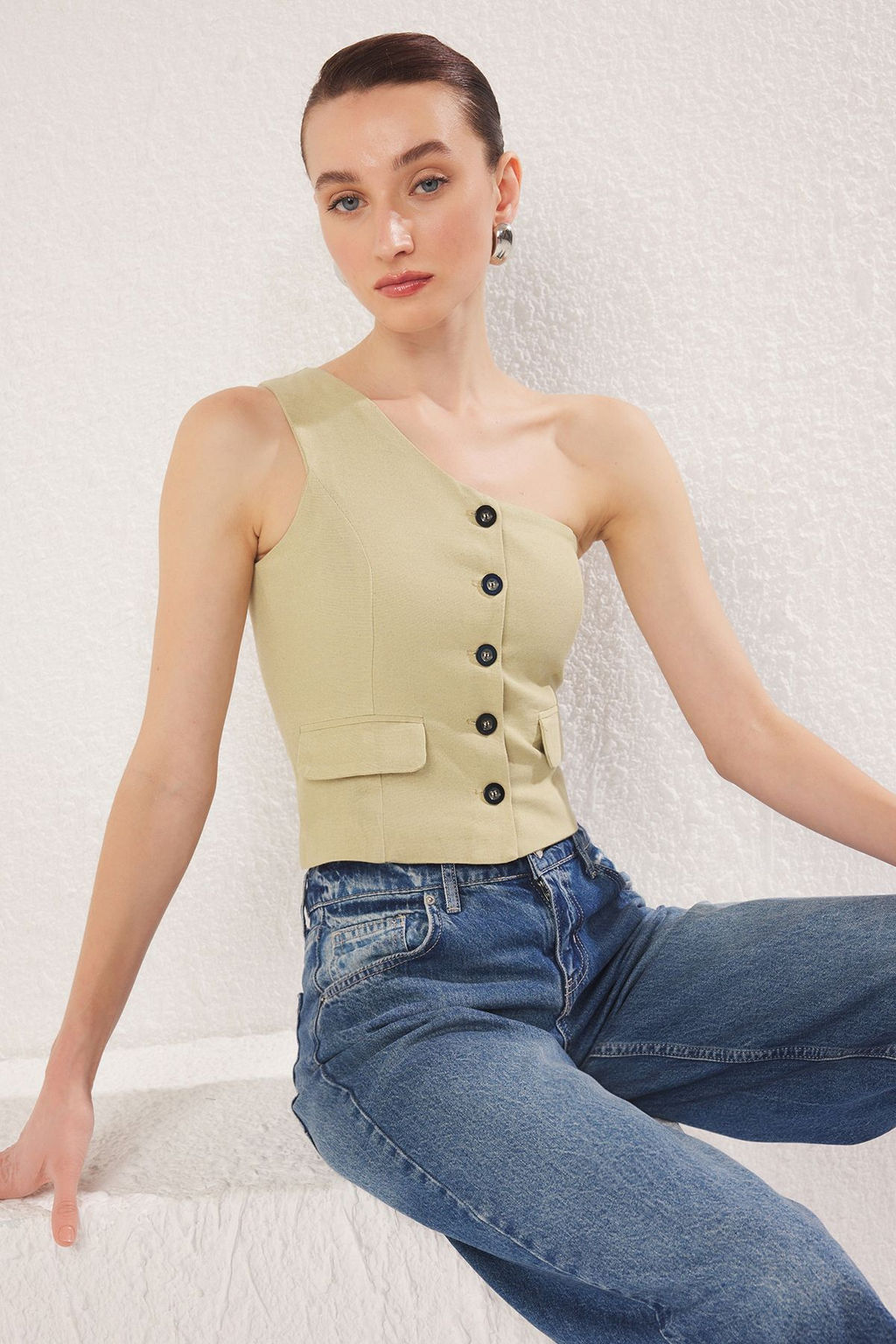 Trendyolmilla Haki Regular Keten Gorunumlu Tek Kol Dokuma Yelek TWOSS25YE00086  фото 11