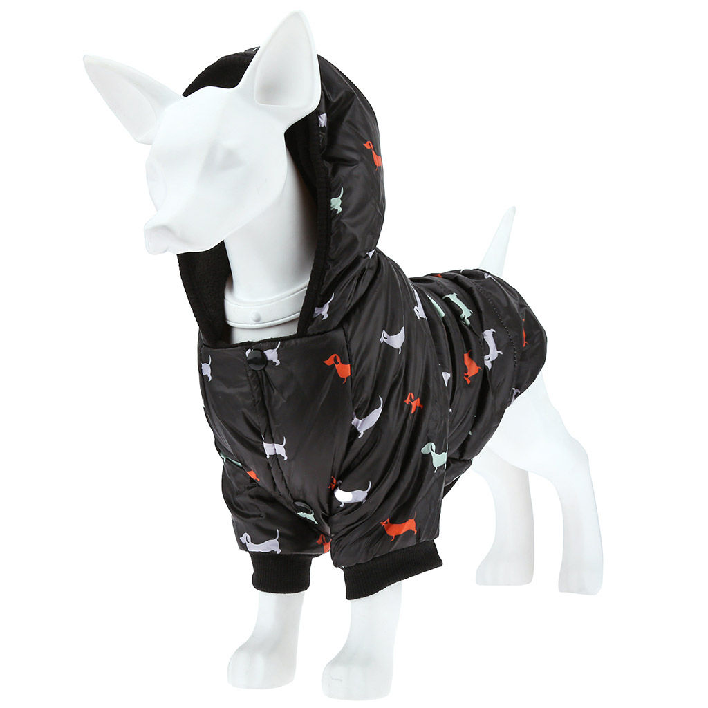 Пэт тойс (Pet toys) Одежда для собаки Куртка с капюшоном, с метал. кольцом, с принтом, на кнопках, р-р M, длина спинки 24см/обхват груди 34см/обхват шеи 28см, цвет-черный, плащевка/синтепон/флис (100% полиэстер) (Китай) - Домашняя мода фото 4