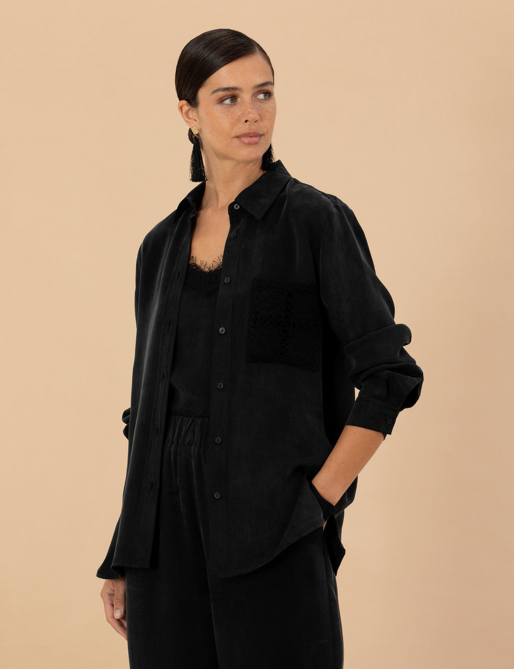 Siyah Cupro Regular Fit Uzun Kollu G_mlek