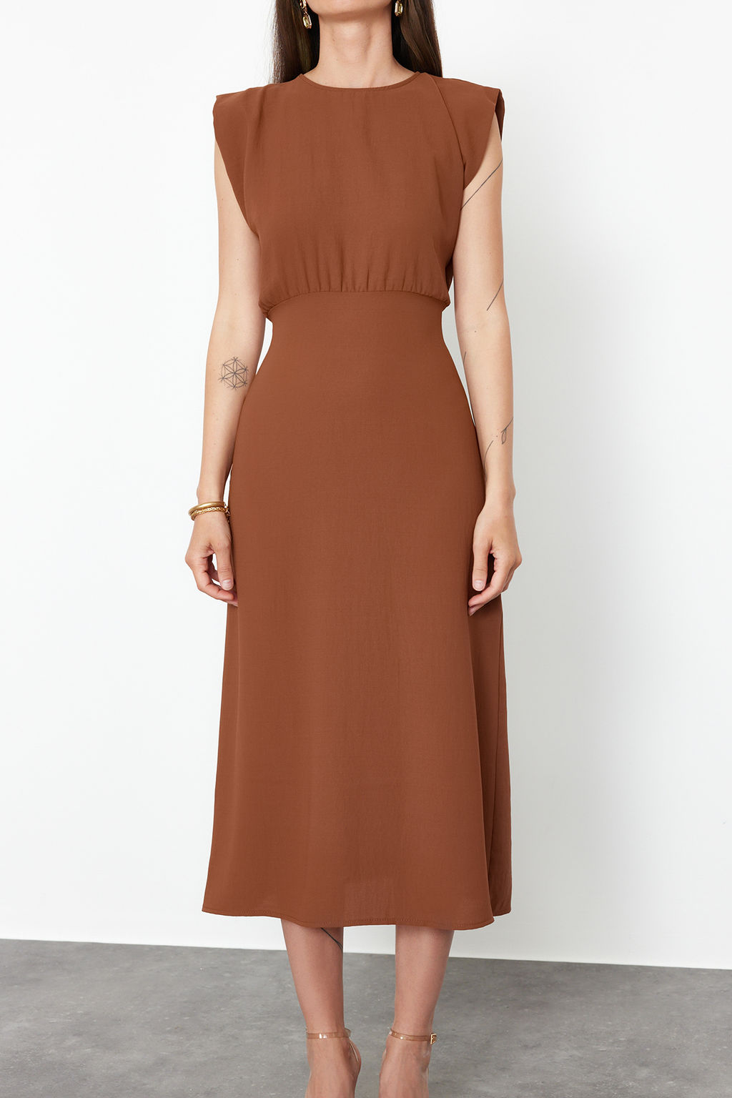 Kahverengi A Kesim Midi Dokuma Elbise TWOSS24EL00601