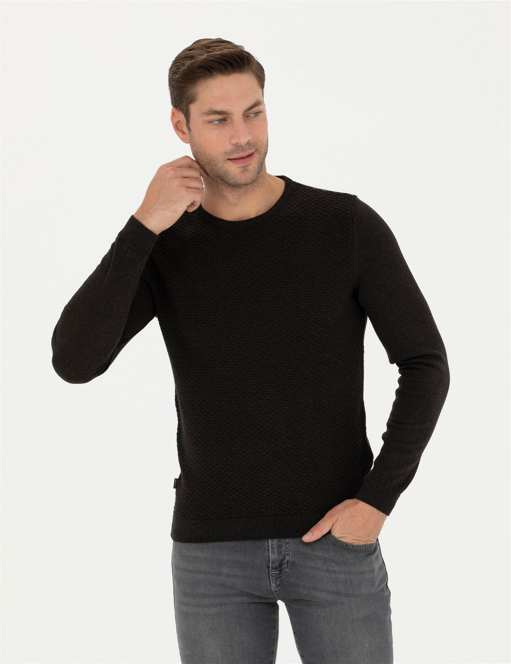 Kahverengi Slim Fit Bisiklet Yaka Triko Kazak