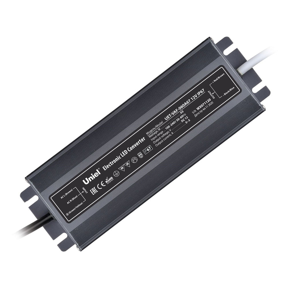 UET-VAF-060A67 12V IP67 Блок питания ультратонкий, 60Вт. Металлический корпус. TM Uniel
